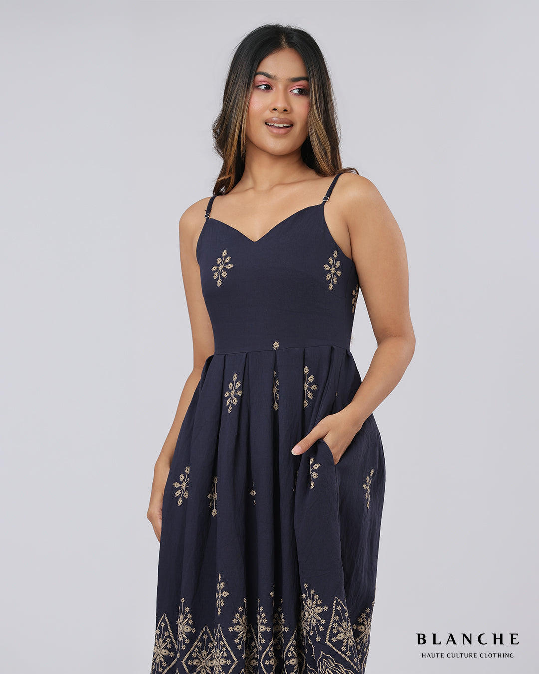 Strappy Border Midi Dress Dark Navy - BG160