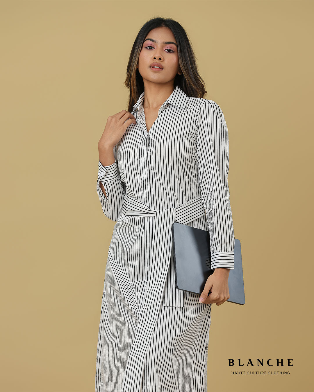 Stripe Long Sleeve Midi Dress White - BG175