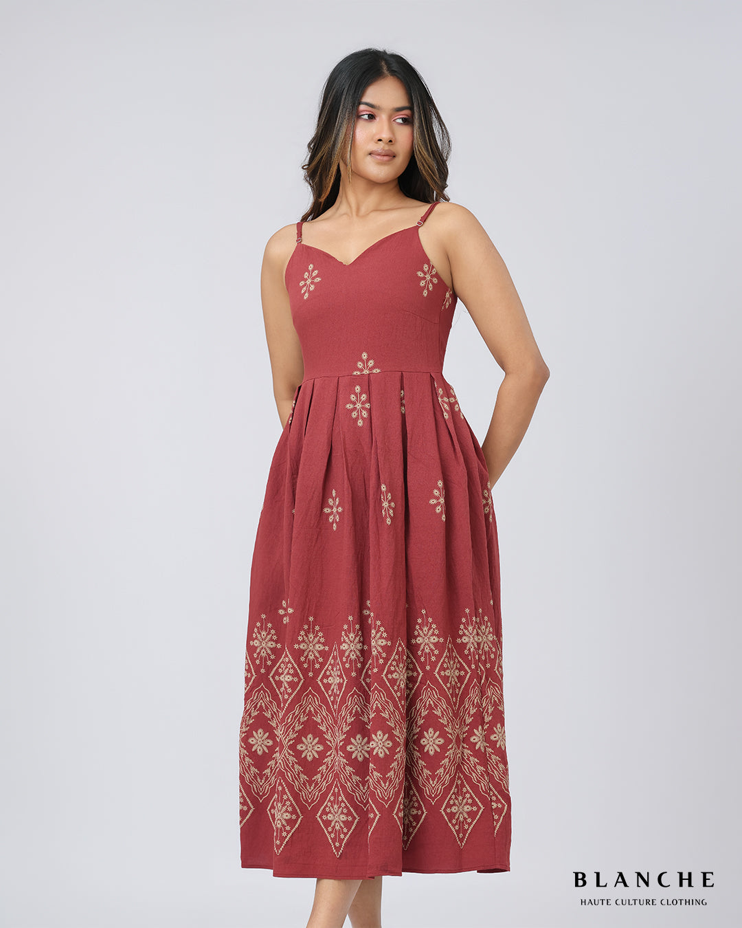 Strappy Border Midi Dress Brick - BG160