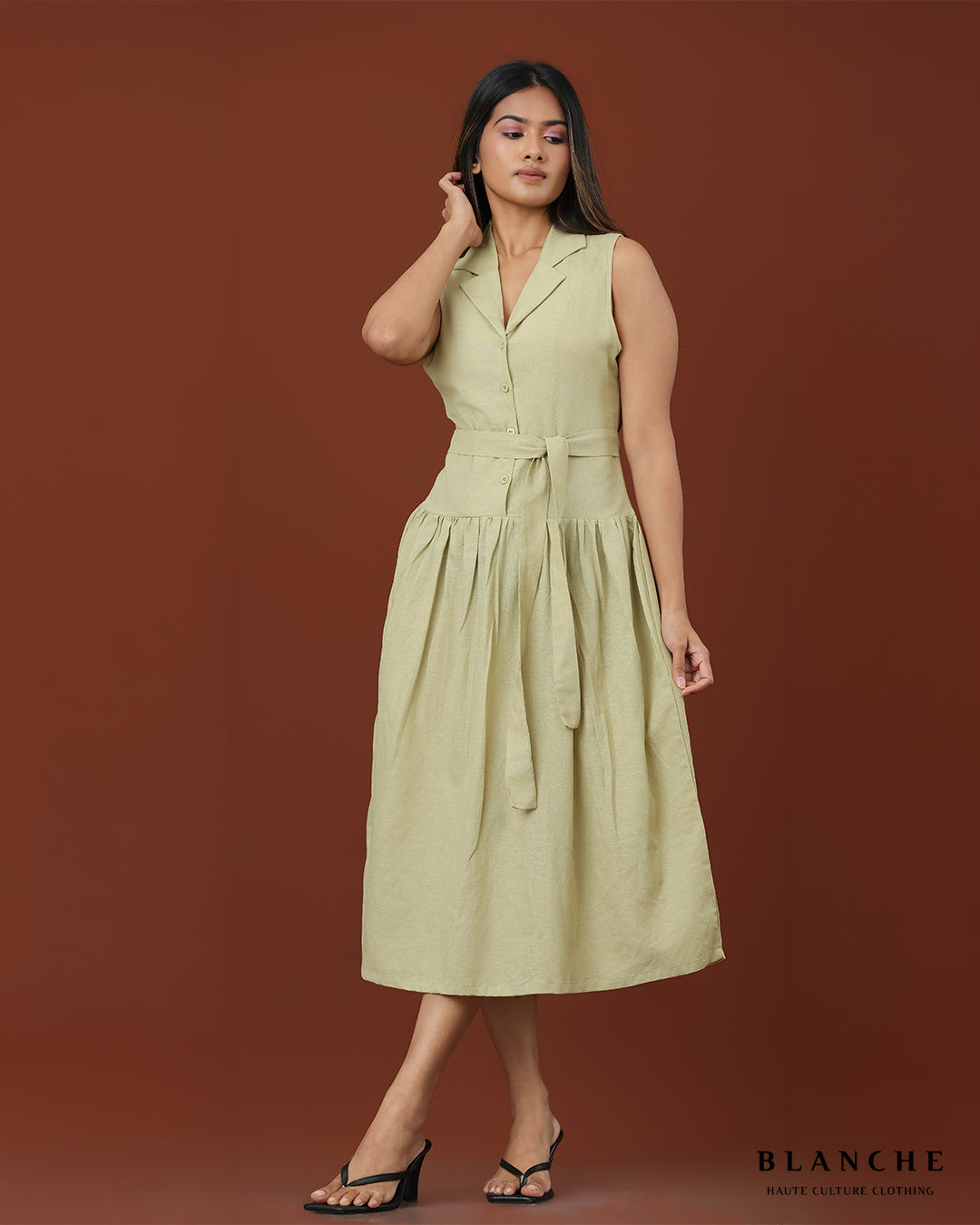 Lapel Collar Button Up Dress Light Green - BG182