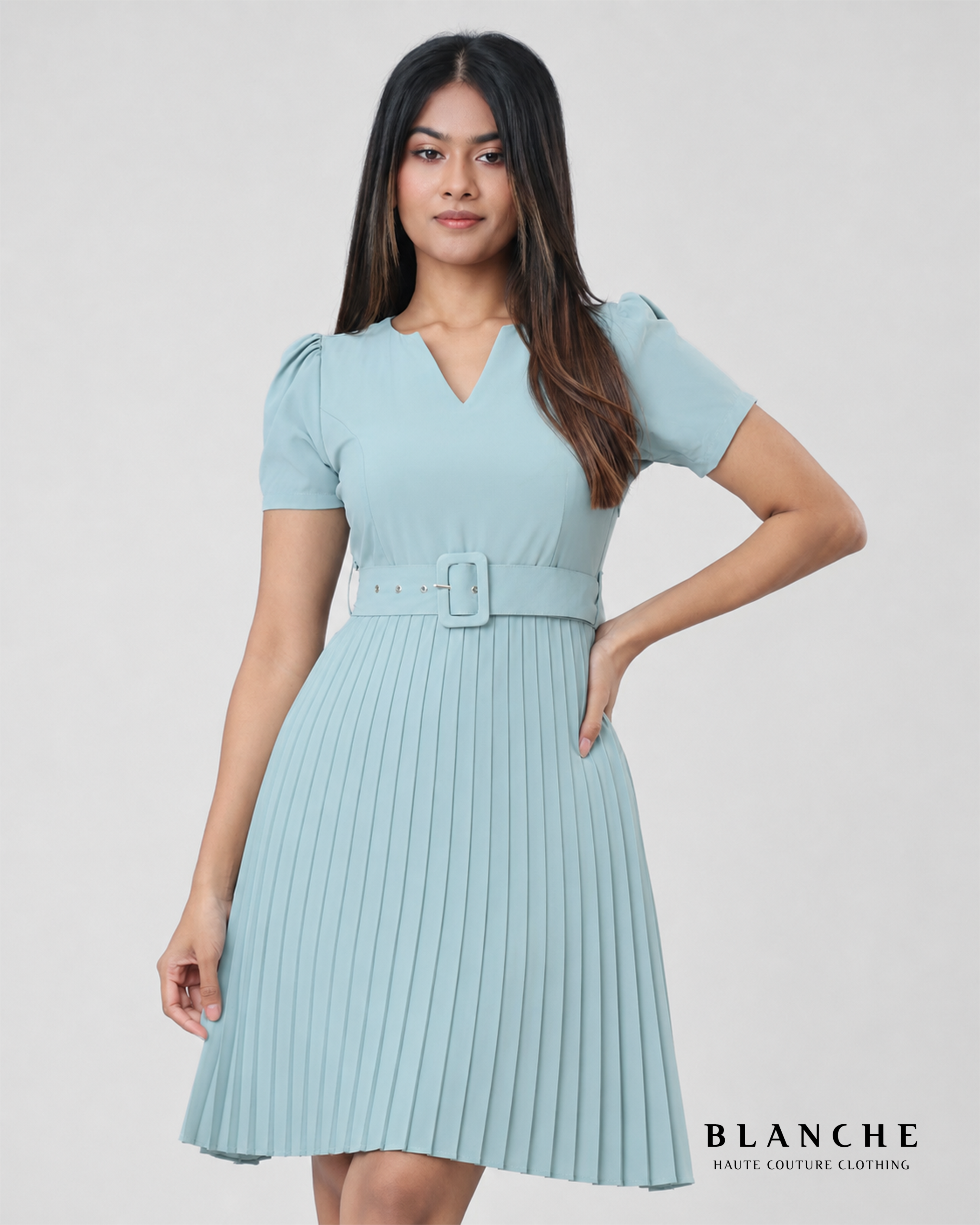 V-Neck Short Sleeve Pleated Midi Dress Mint - BG163