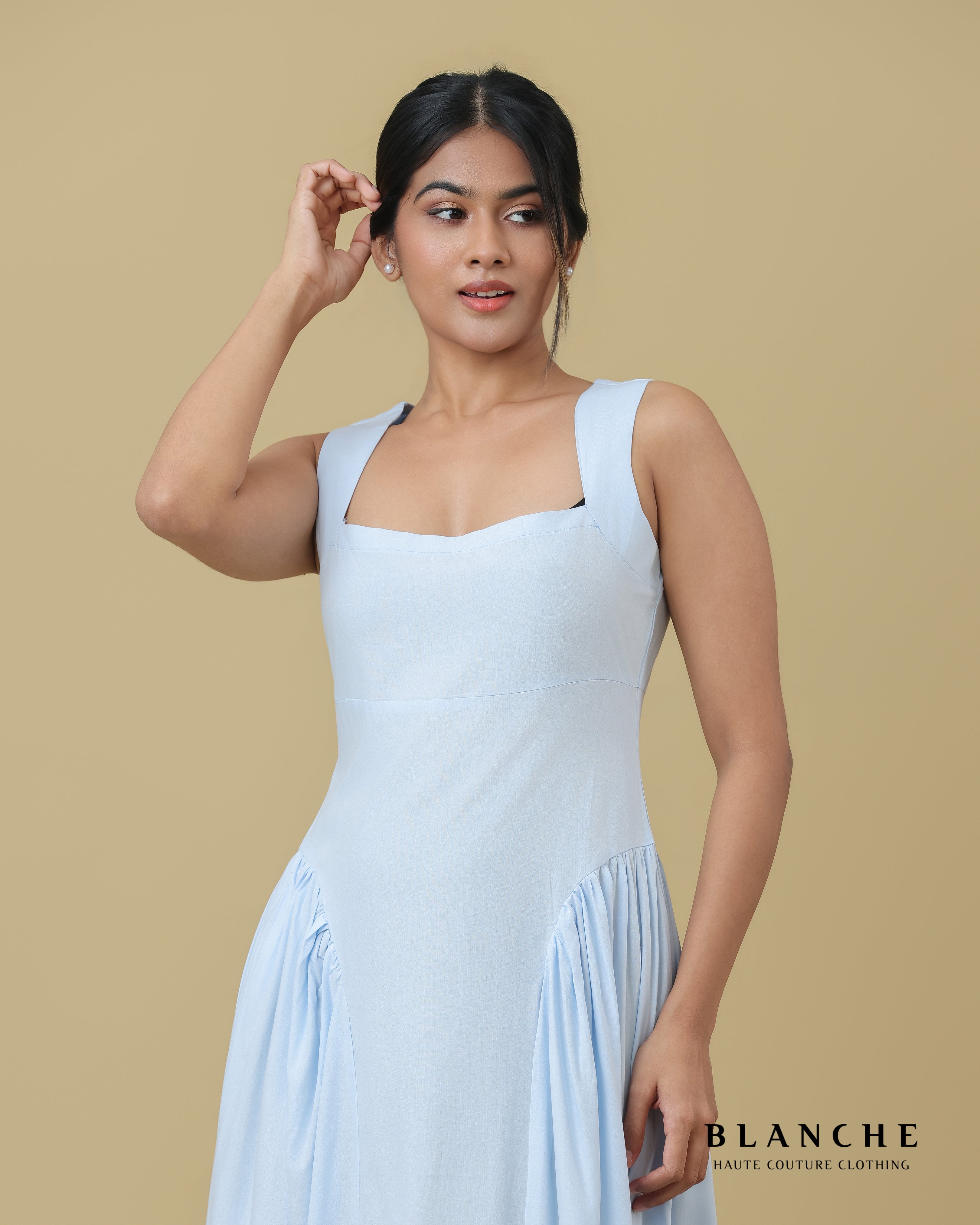 Aria Square-Neck Gathered Dress Light Blue - BG167