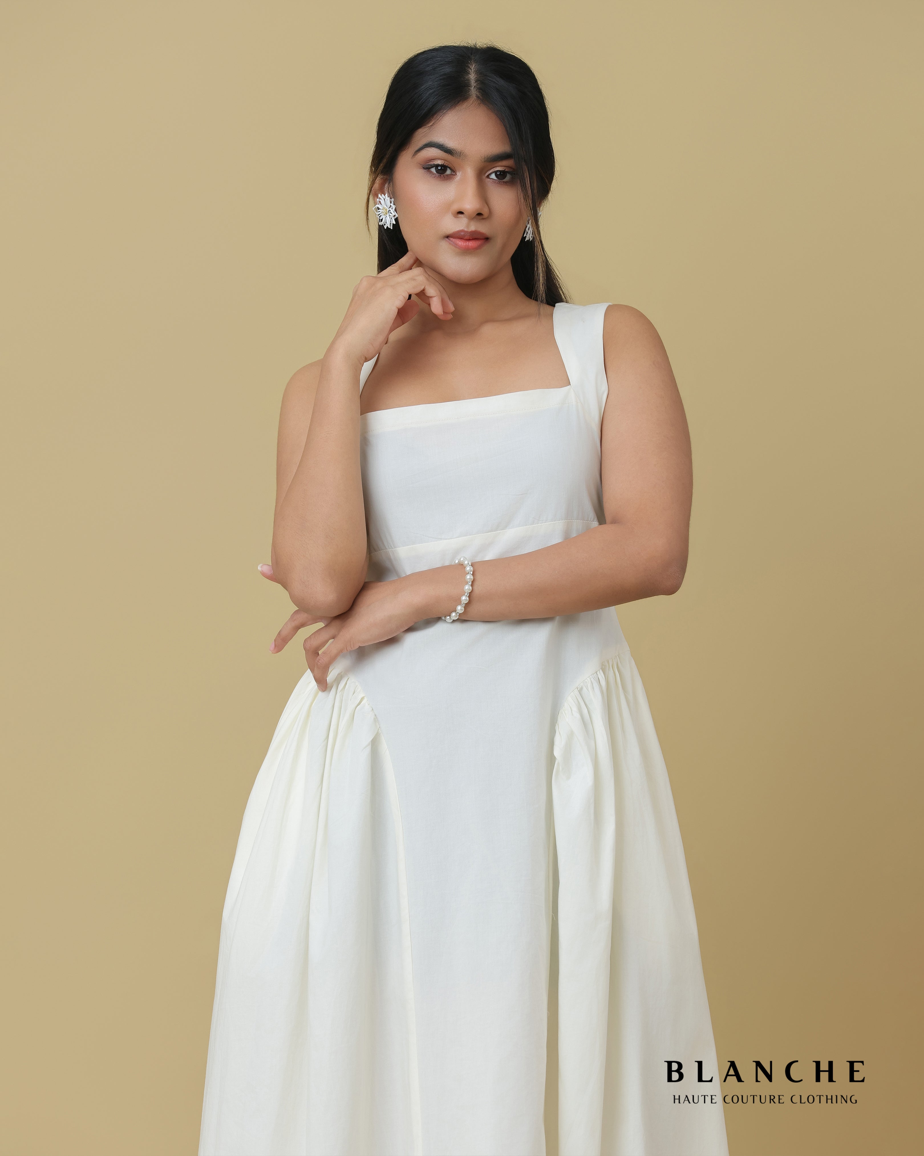 Aria Square-Neck Gathered Dress Off White - BG167