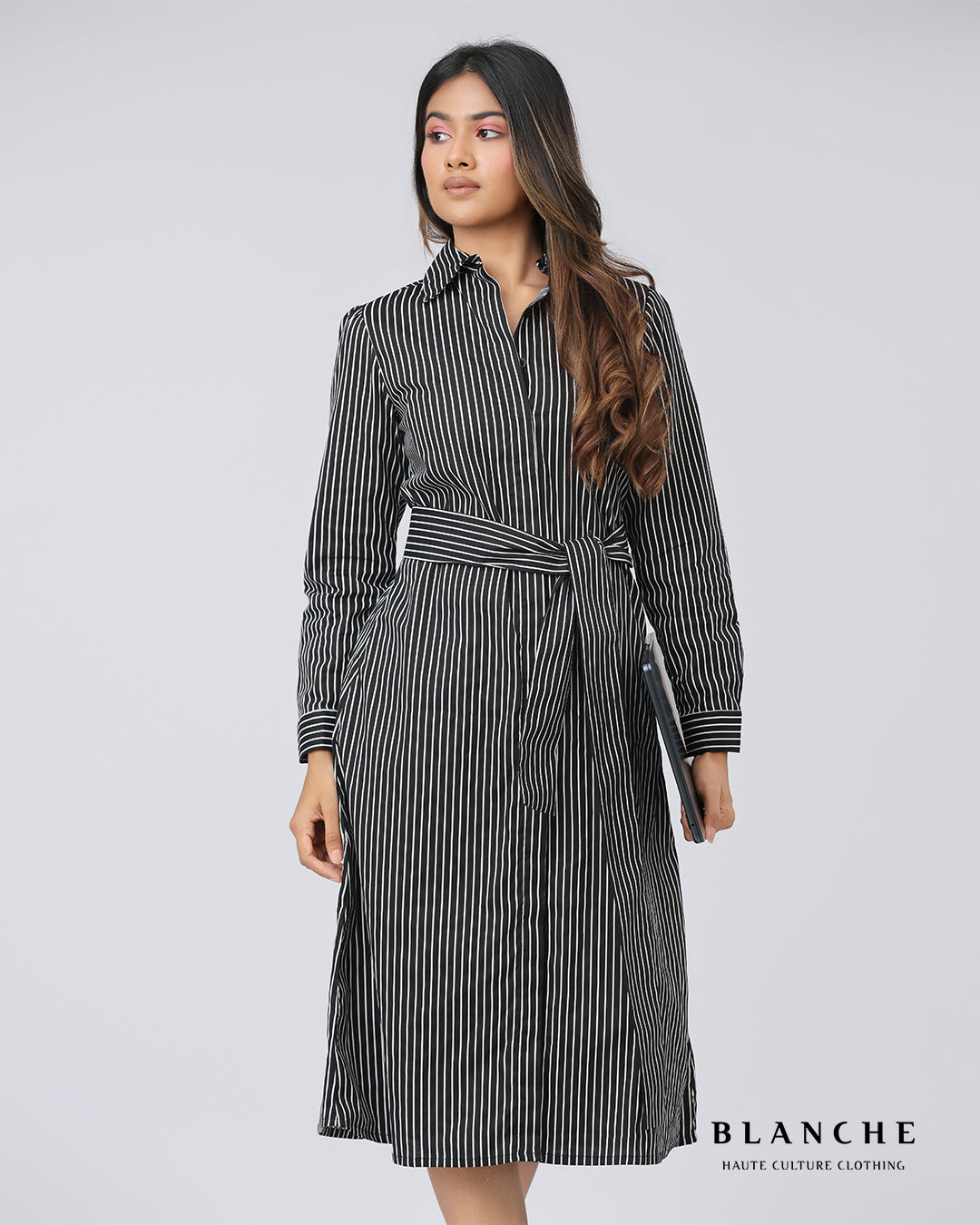 Stripe Long Sleeve Midi Dress White - BG175