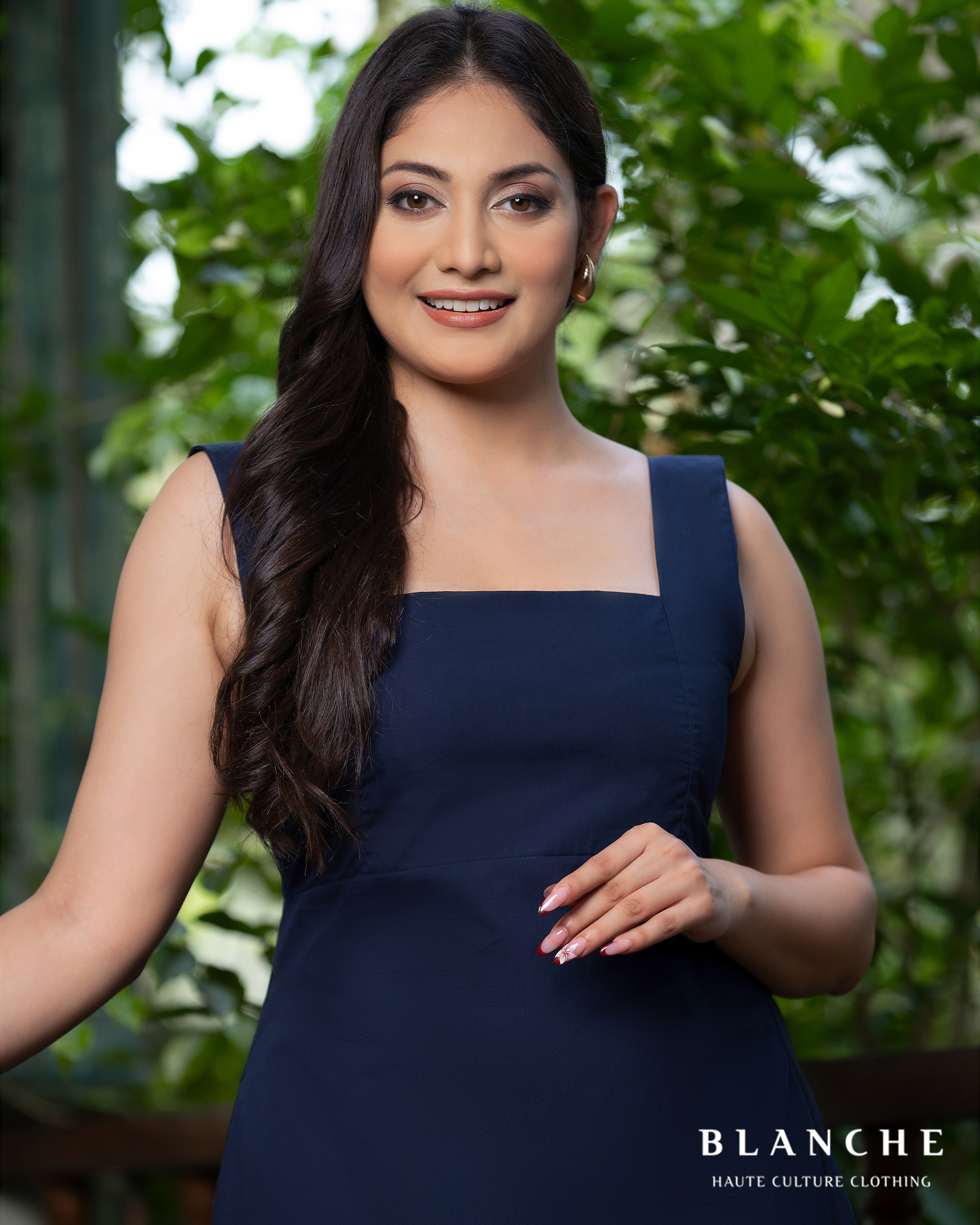 Back smocked detailed long dress dark navy - BG137