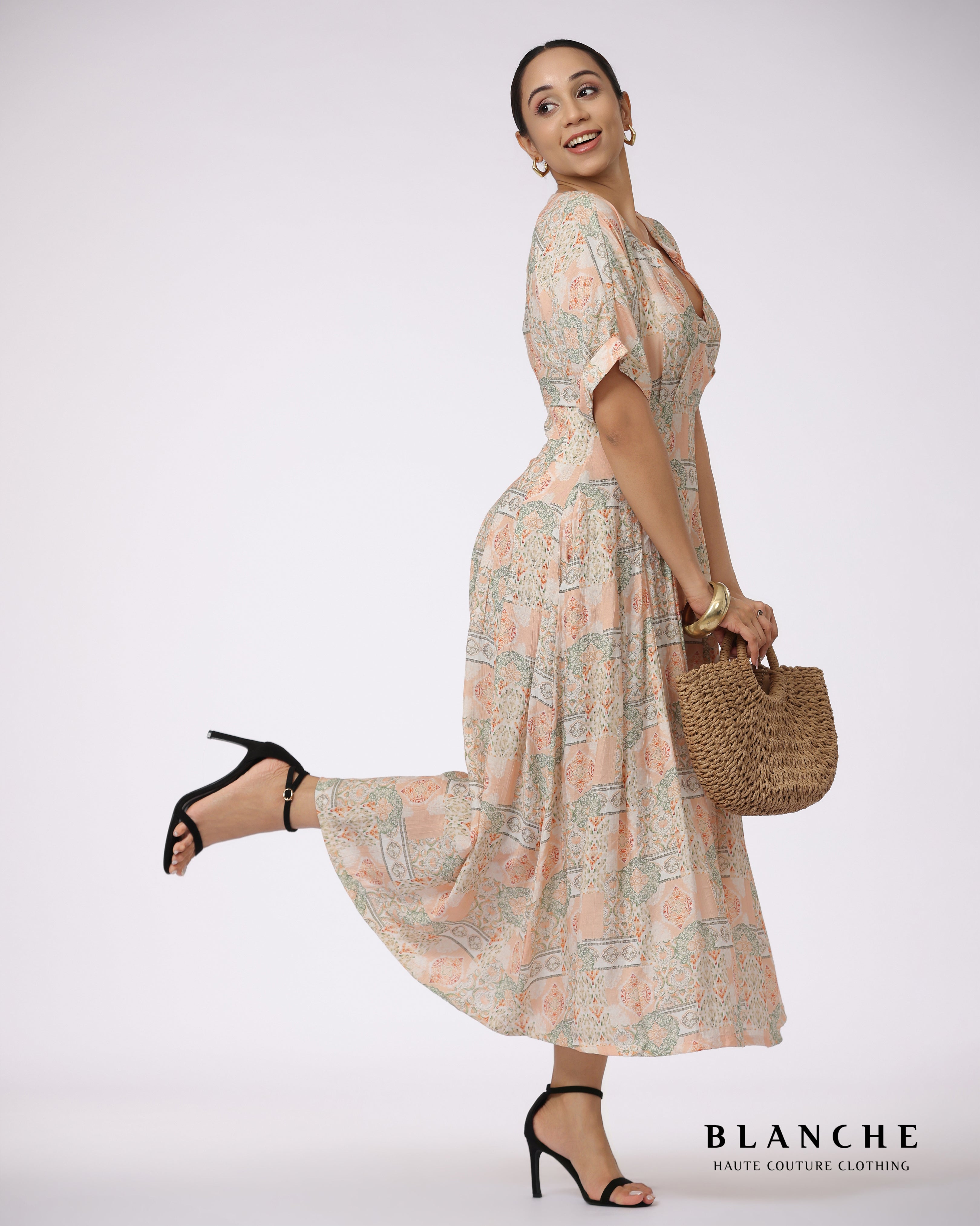 Geometric Print V-Neck Long Dress Pink - BG224