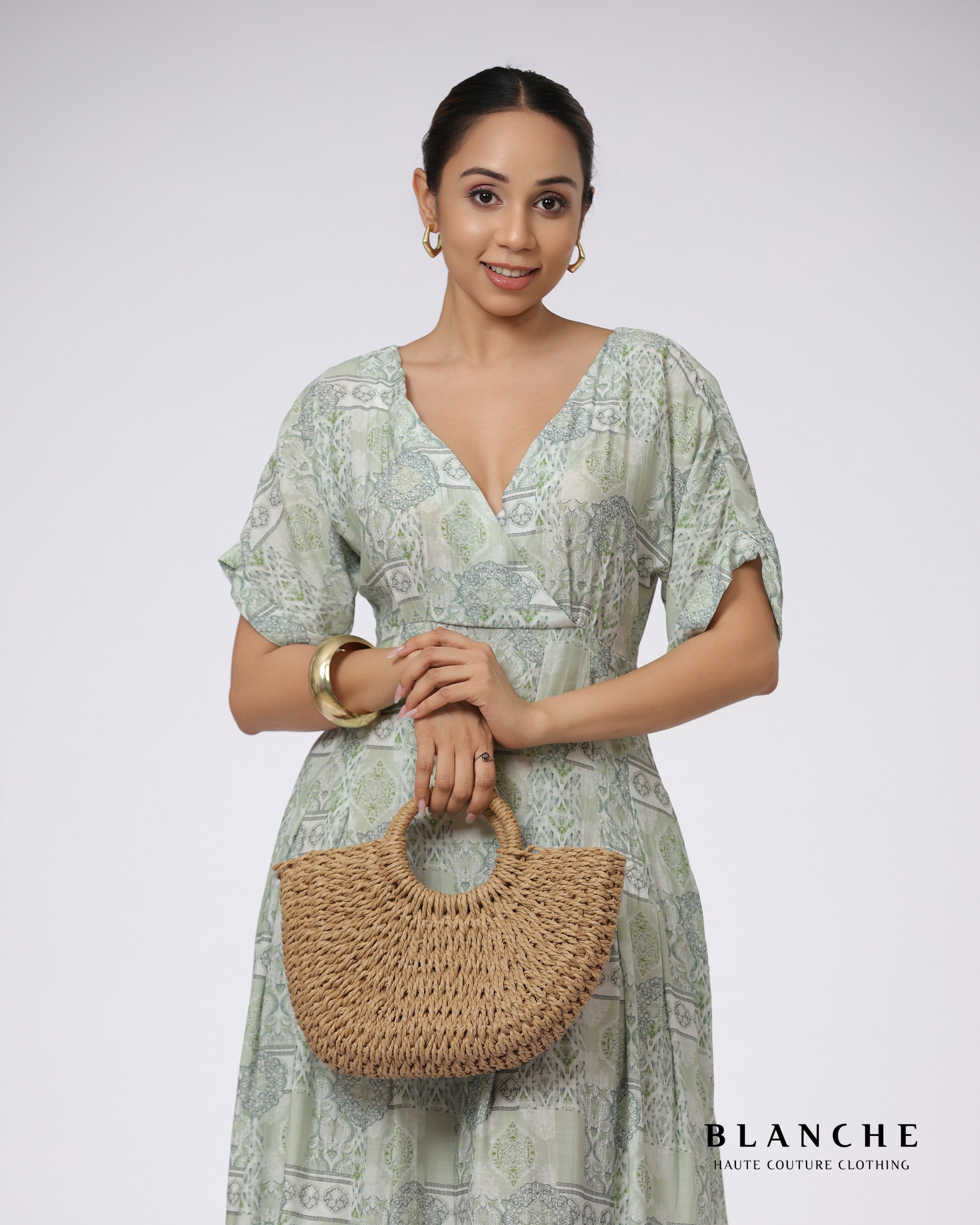 Geometric Print V-Neck Long Dress Green - BG224