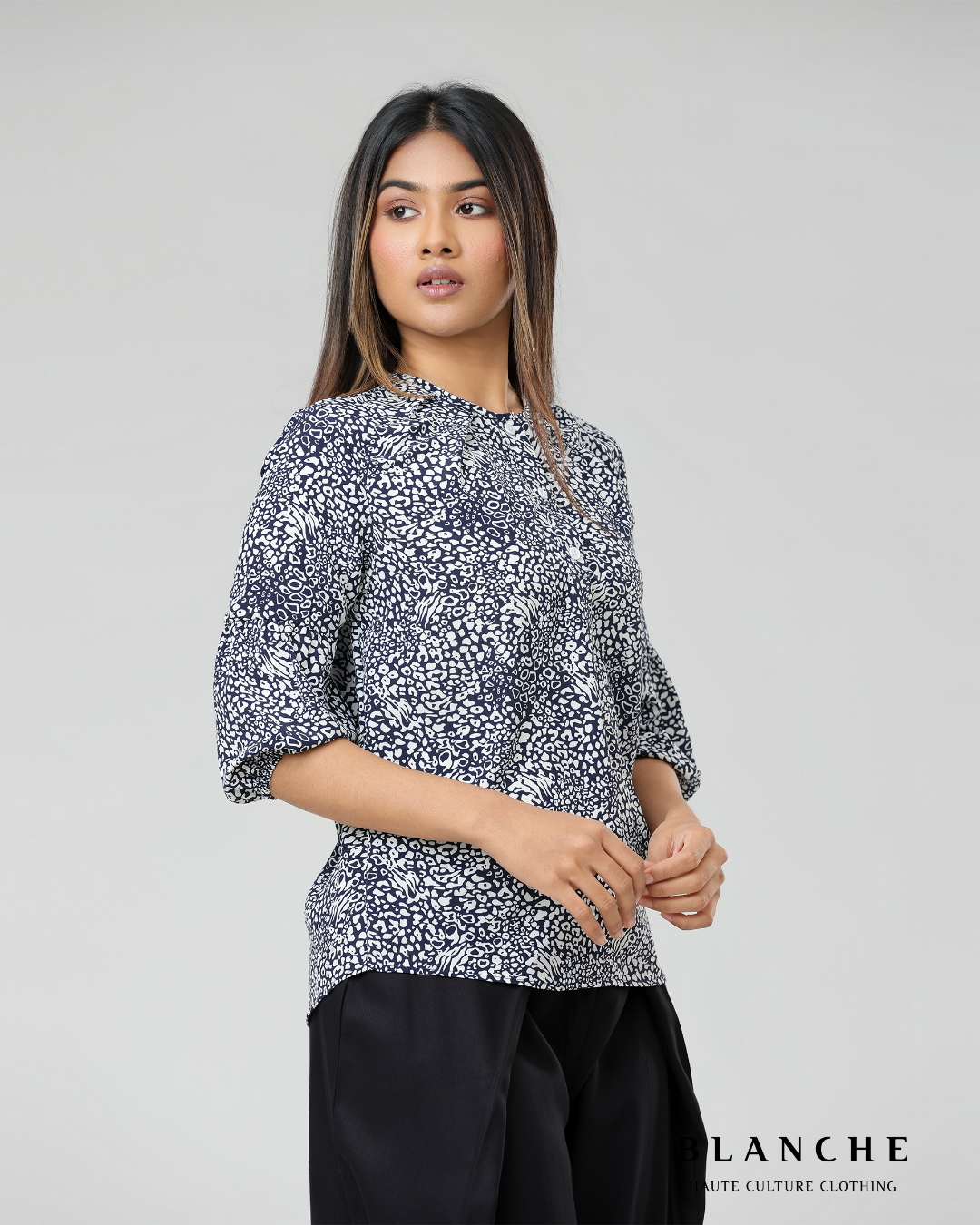 Leopard print button up top - Blue - BG165