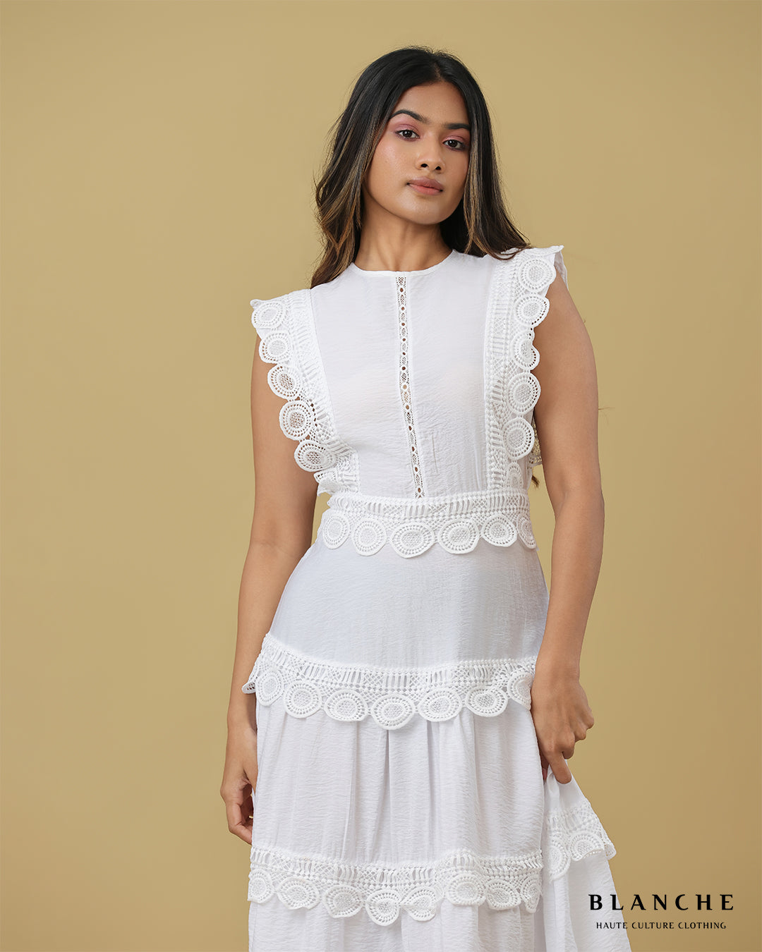 Lace Detail White Long Dress - BG177