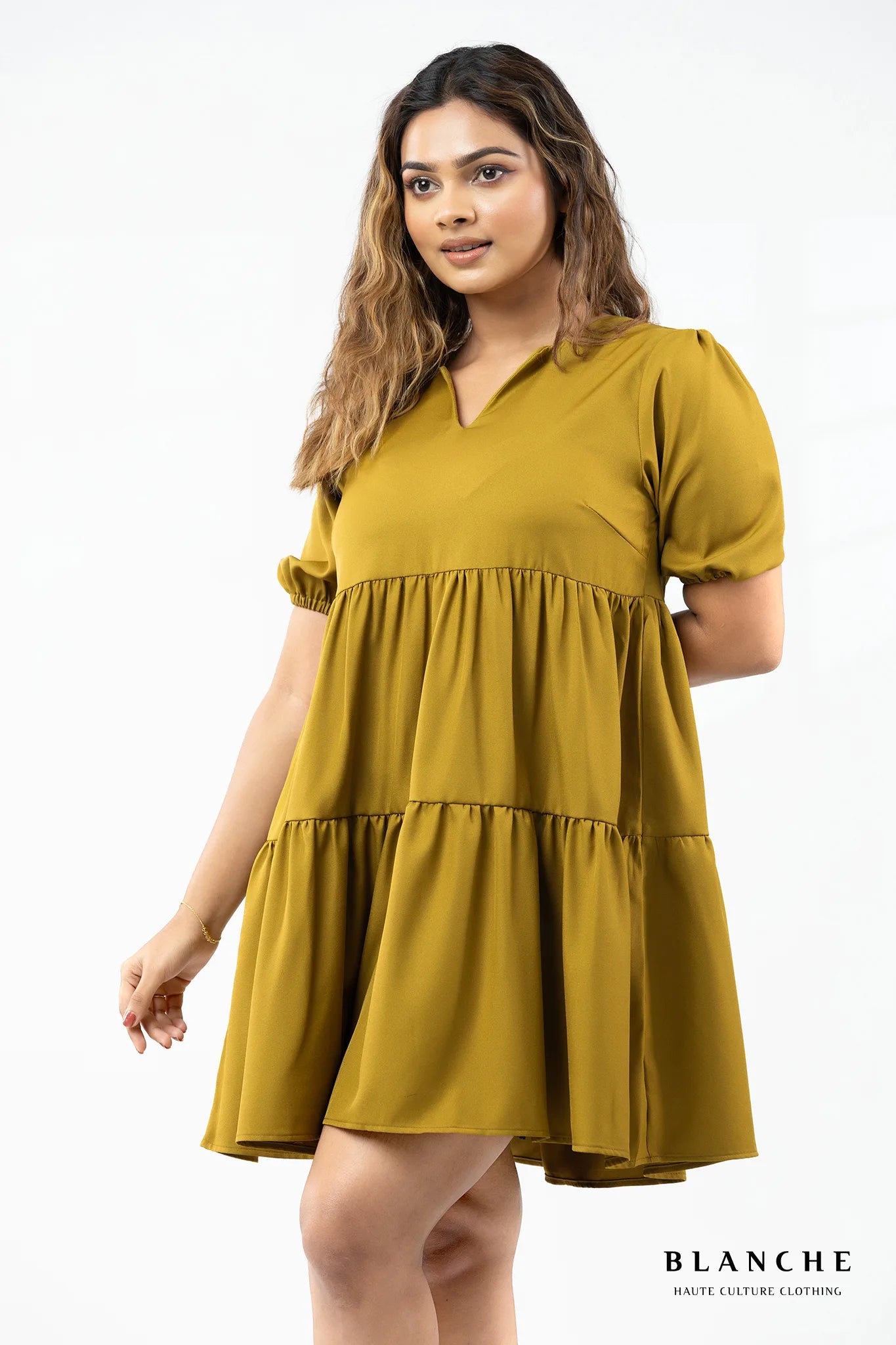 Khaki Puff Sleeve Mini Dress