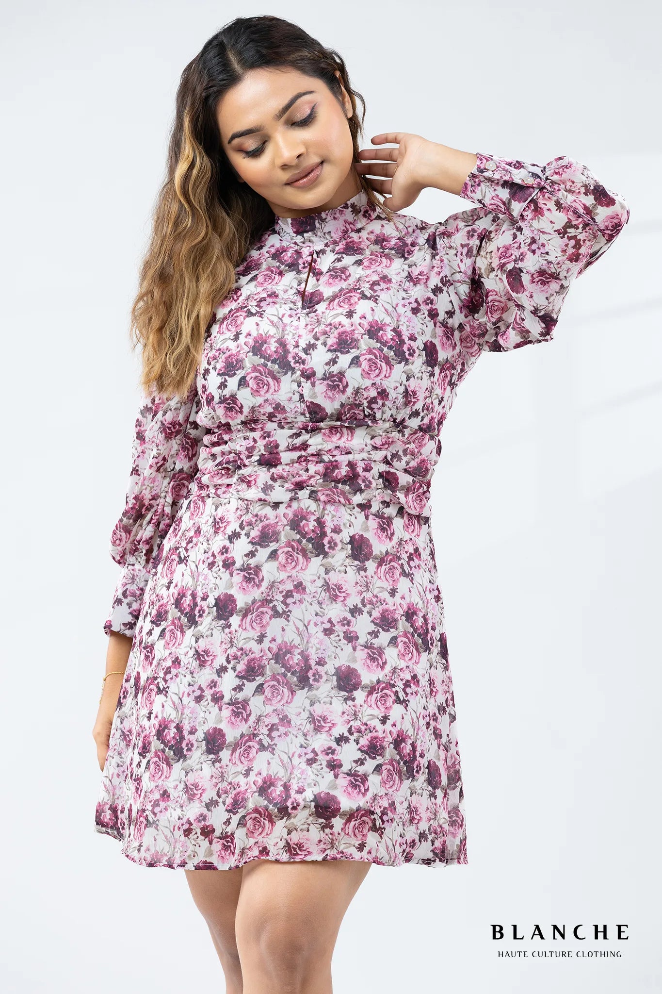 Classic High-Neck Pink Floral Dress