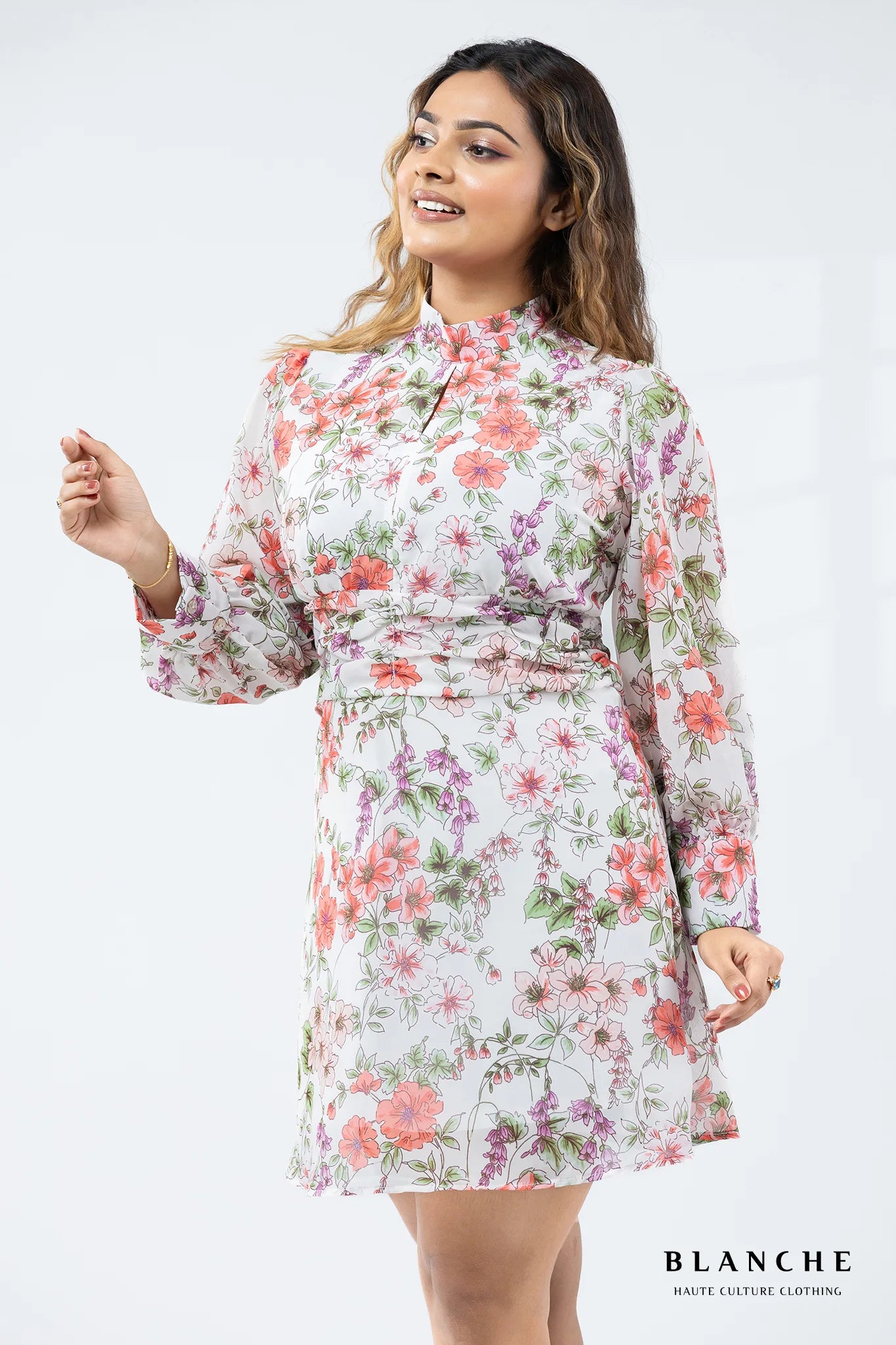 White High-Neck Floral Dress
