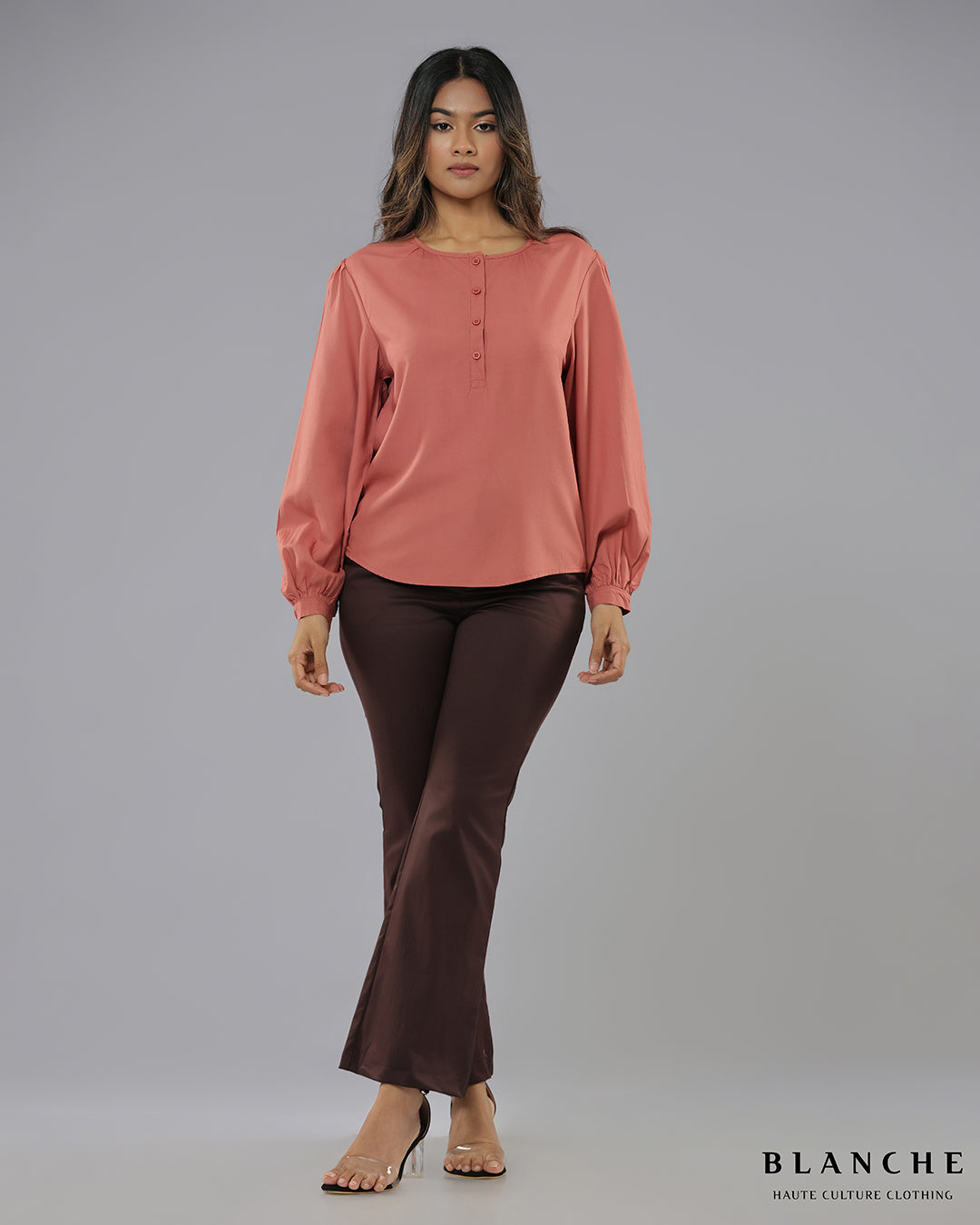 Balloon Sleeve Button Up Top Coral - BG183