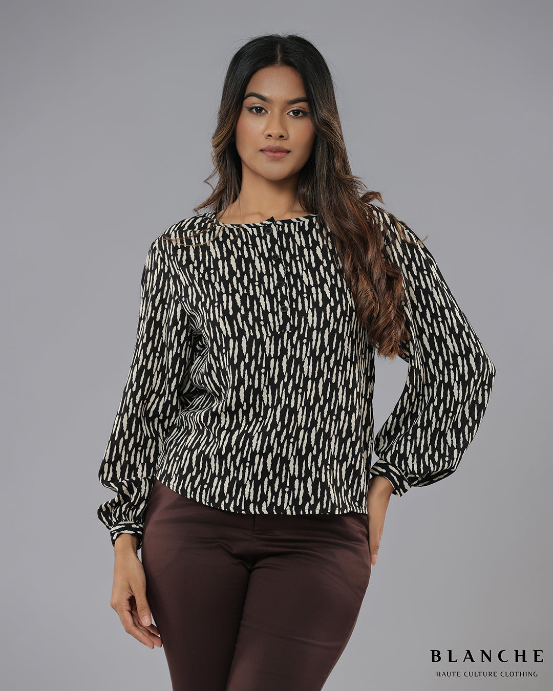 Balloon Sleeve Button Up Top Printed - BG183