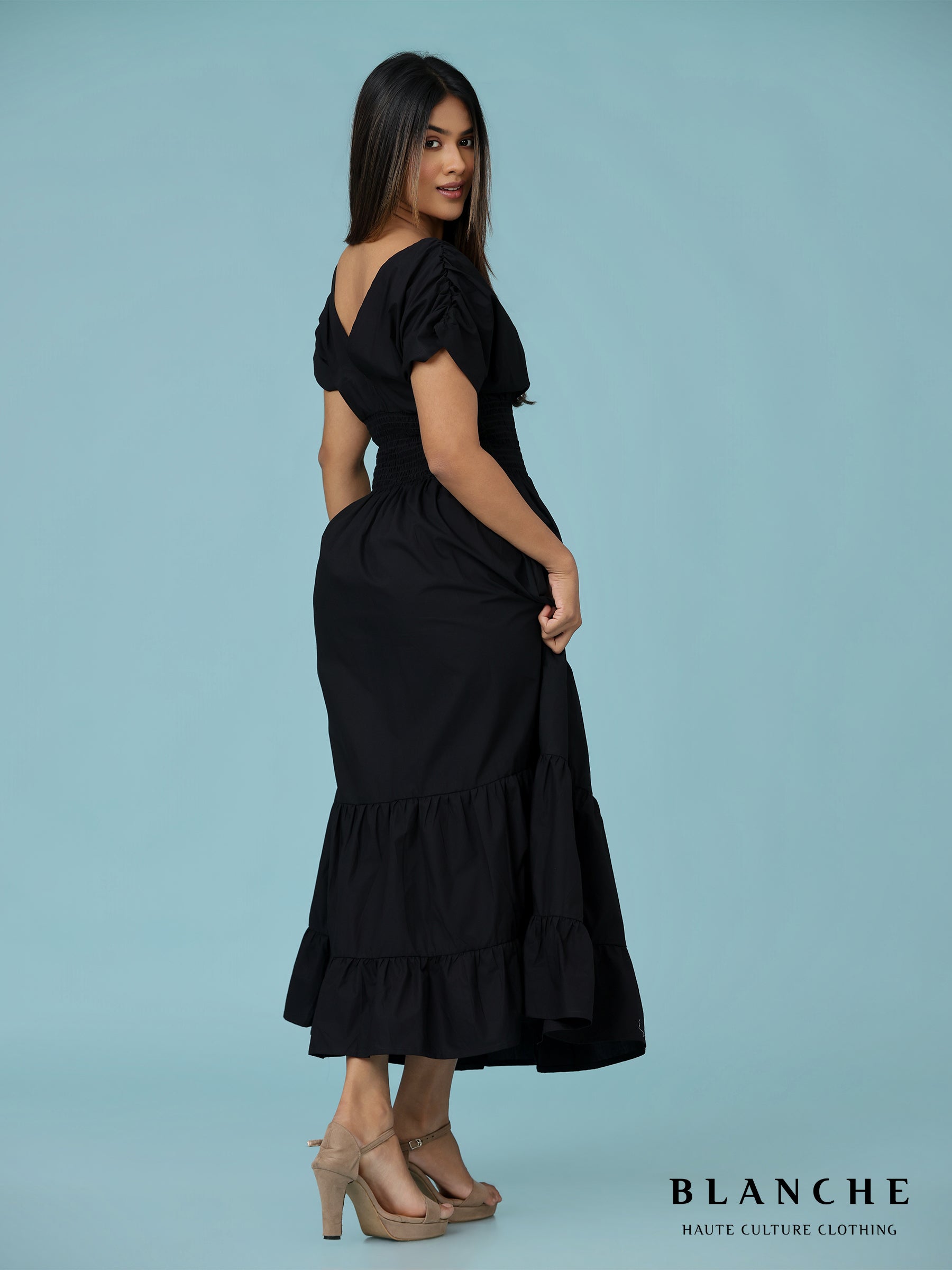 Smocked waist detail v neck dress dark navy - BG132AR