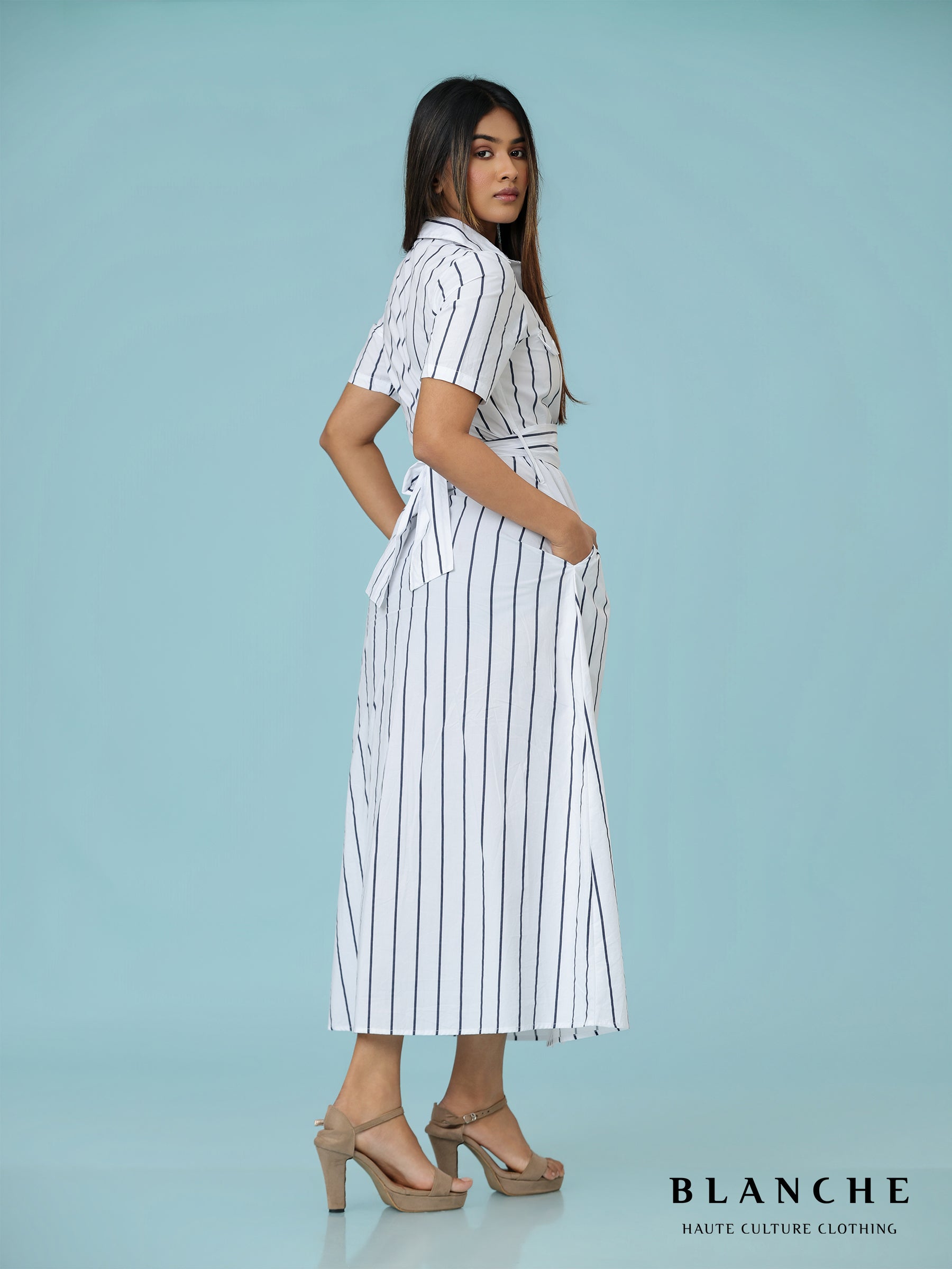Stripe pocket detailed long dress Blue - BG124