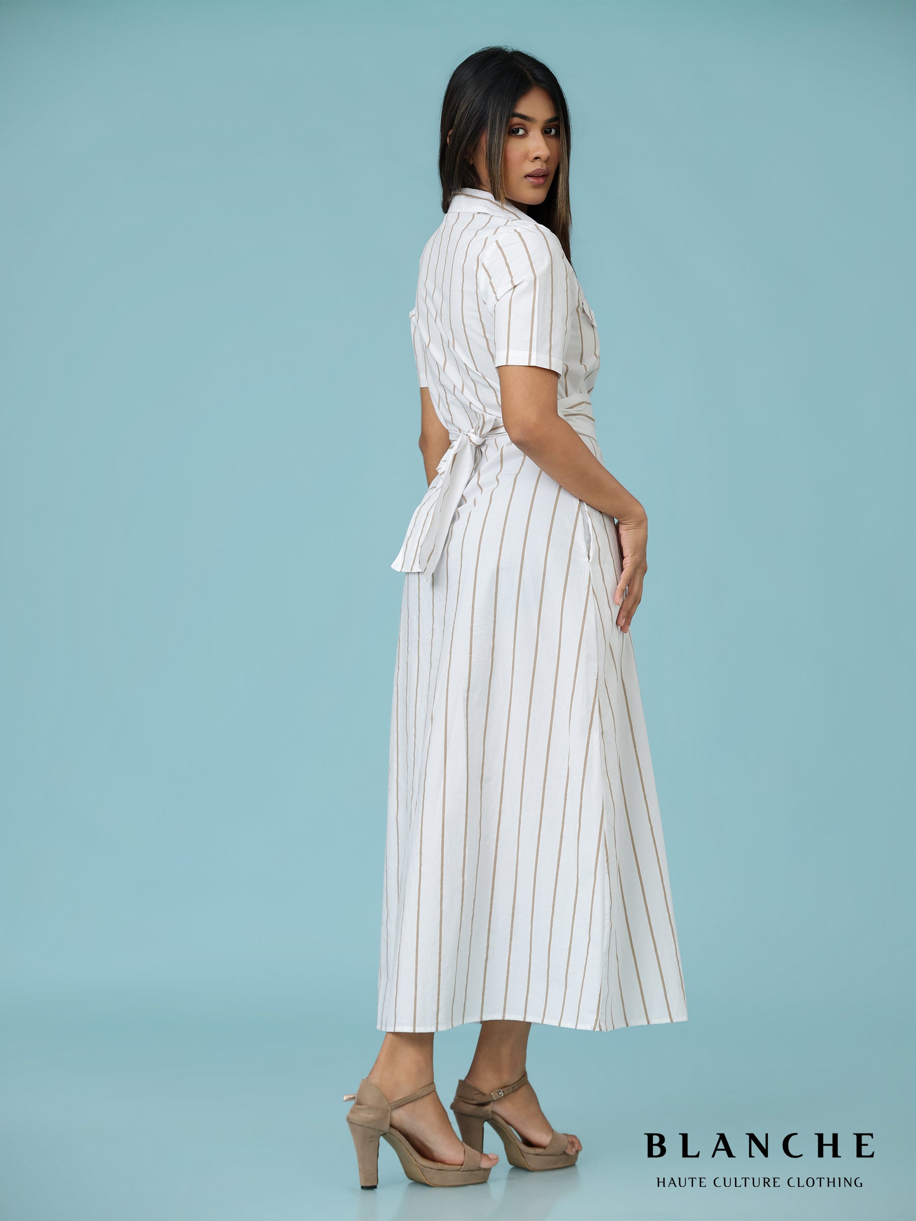 Stripe pocket detailed long dress brown - BG124