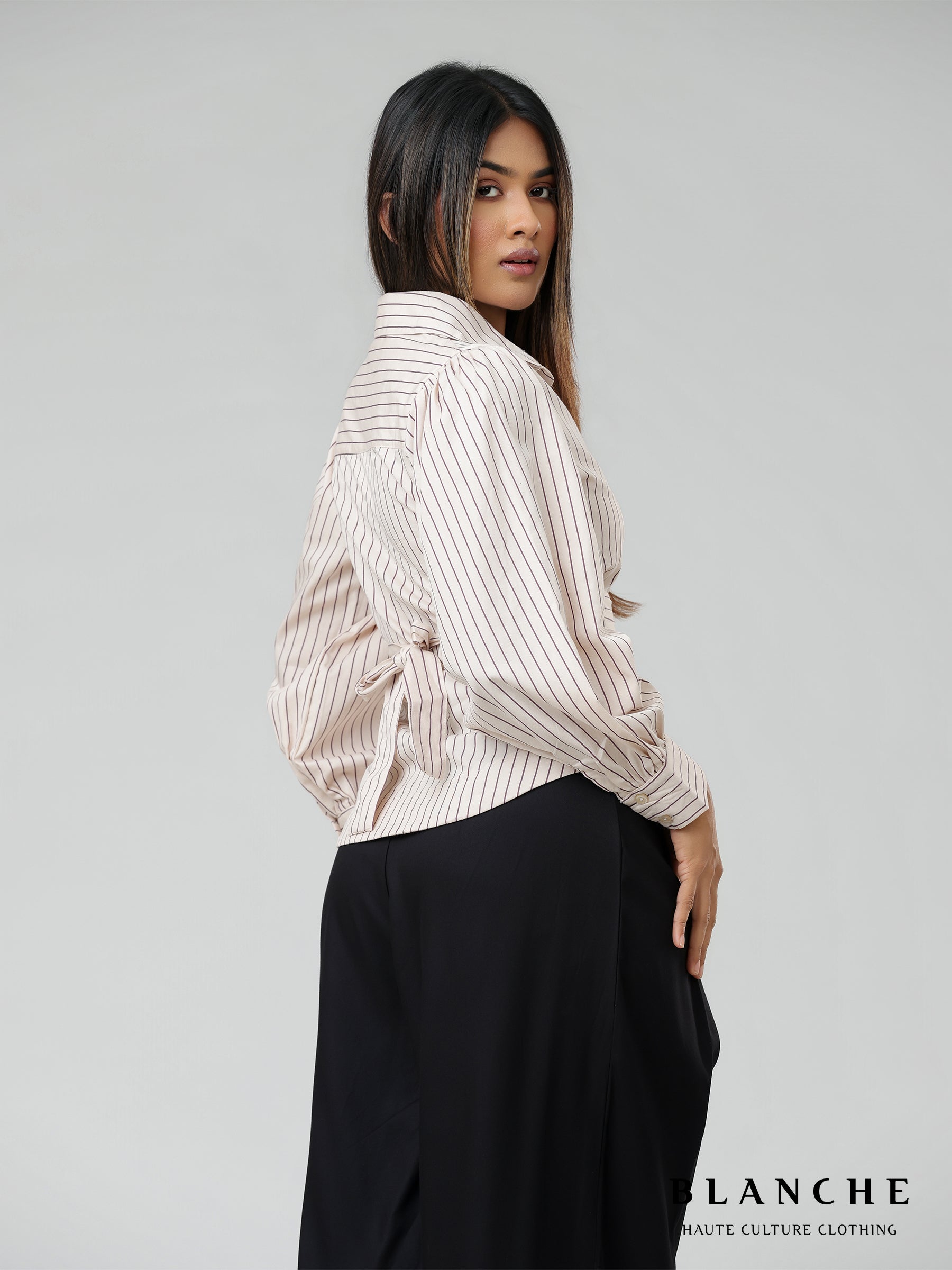 Stripe belt detailed office top beige - BG136