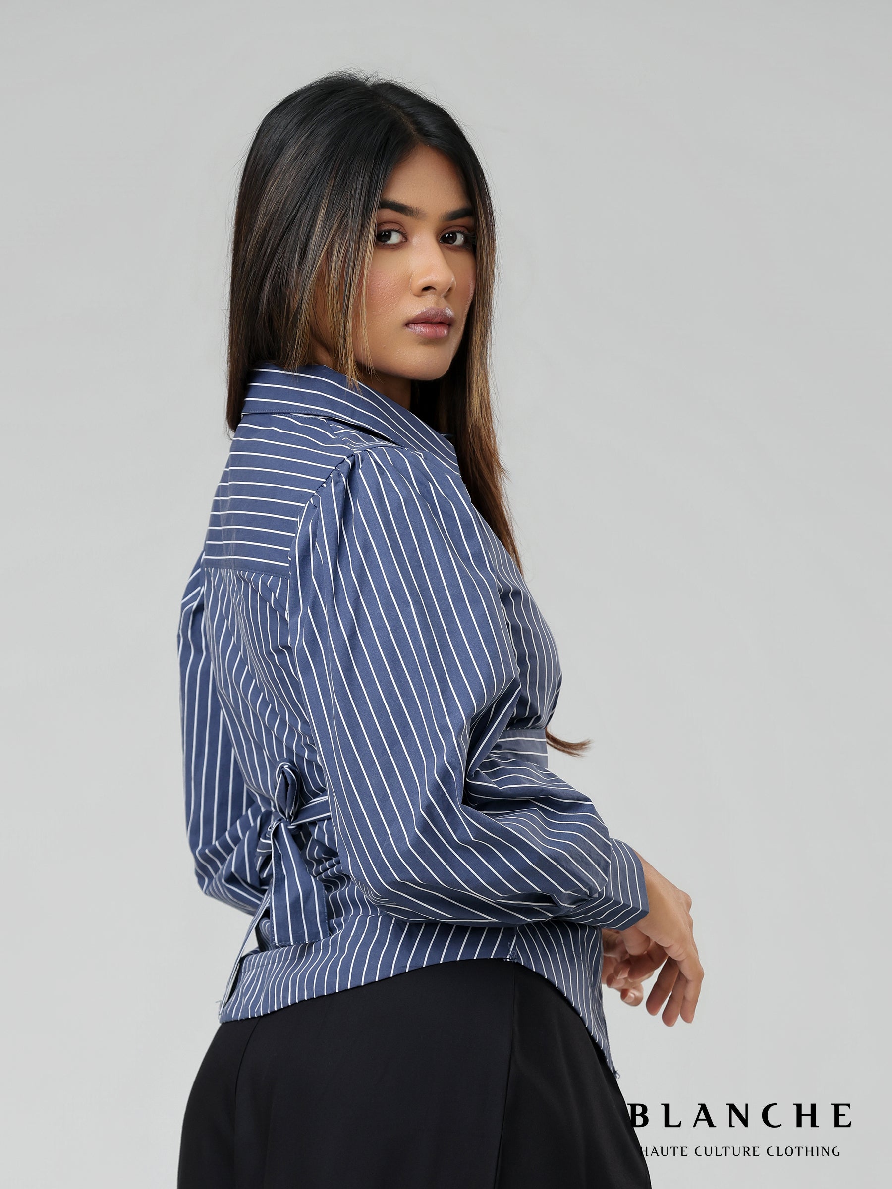 Stripe belt detailed office top blue - BG136