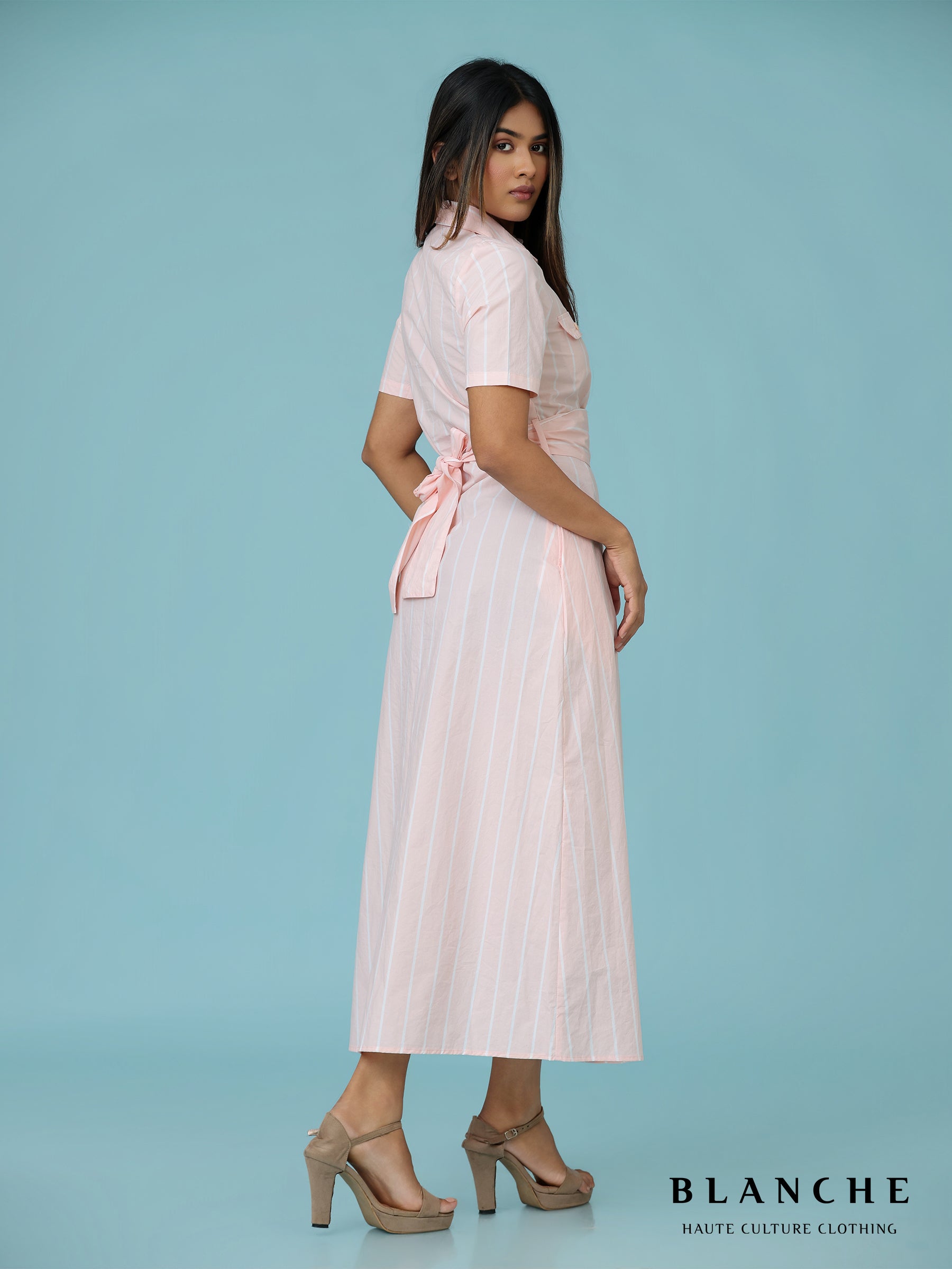 Stripe pocket detailed long dress pink - BG124