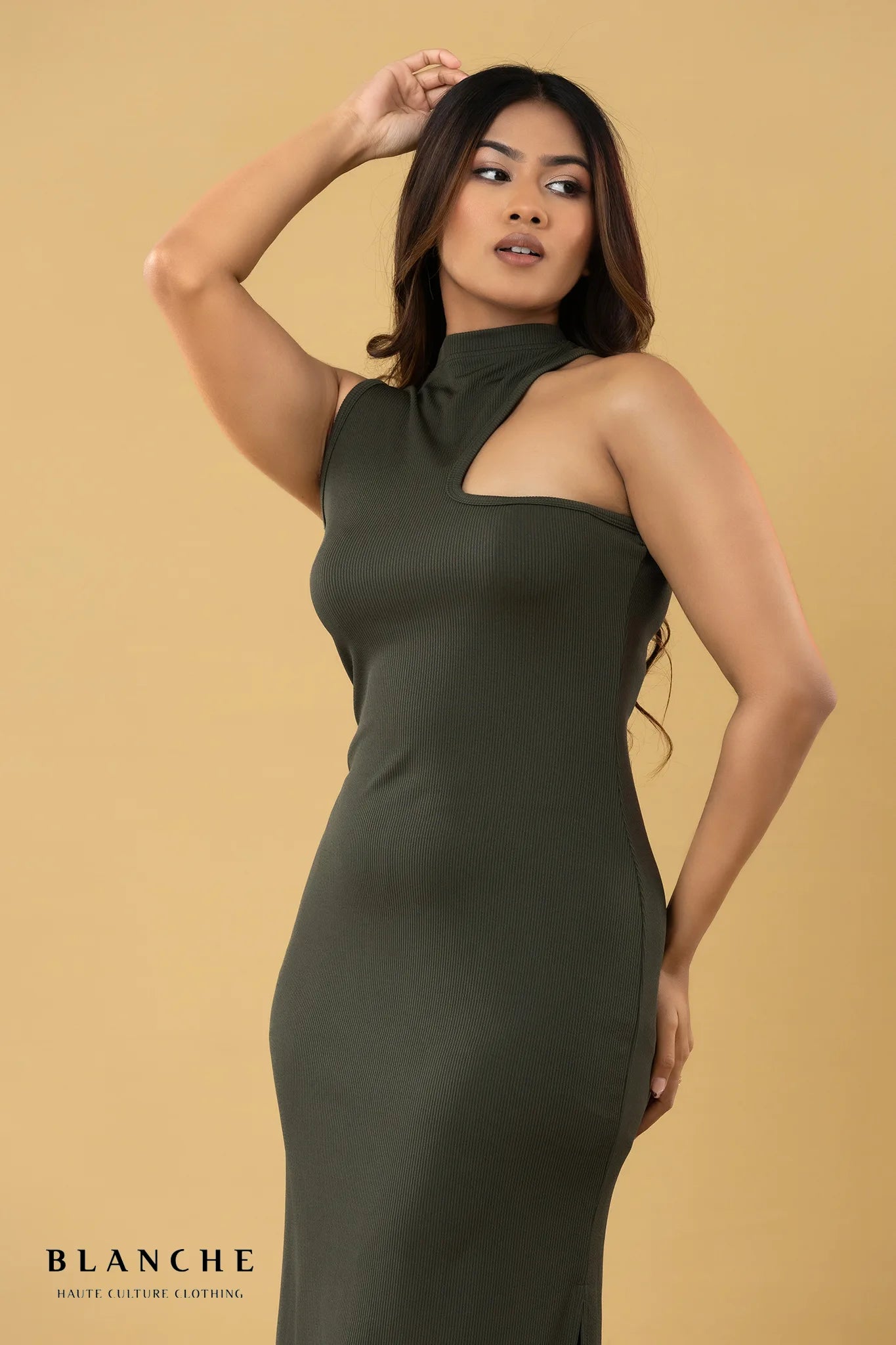Cutout High - Neck Maxi Dress - Olive