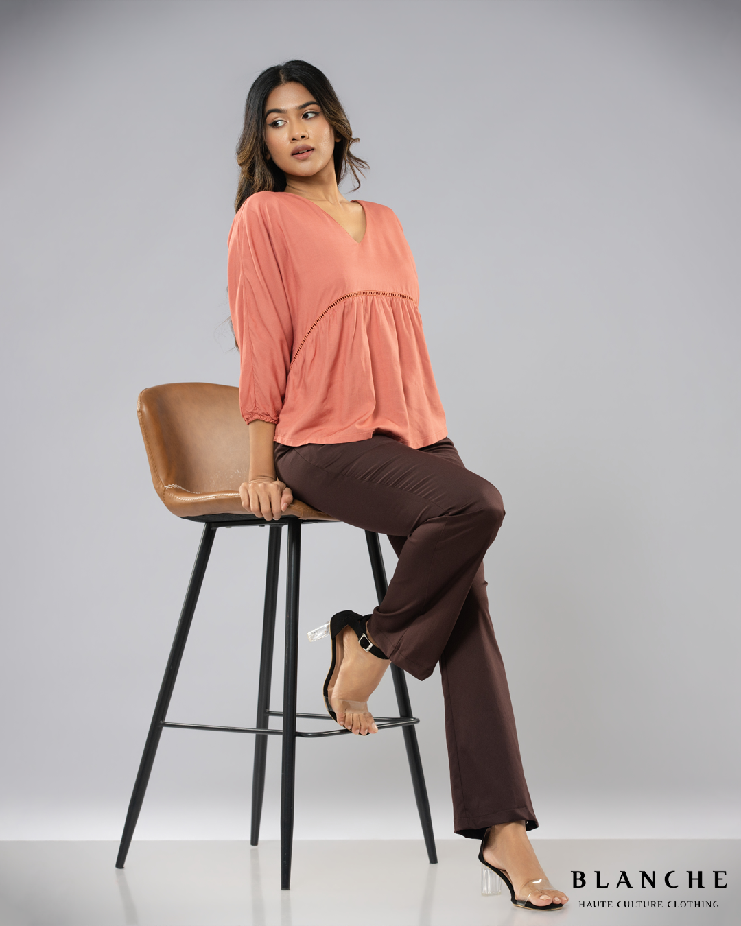 Ladder Lace Detail V Neck Top Coral - BG174