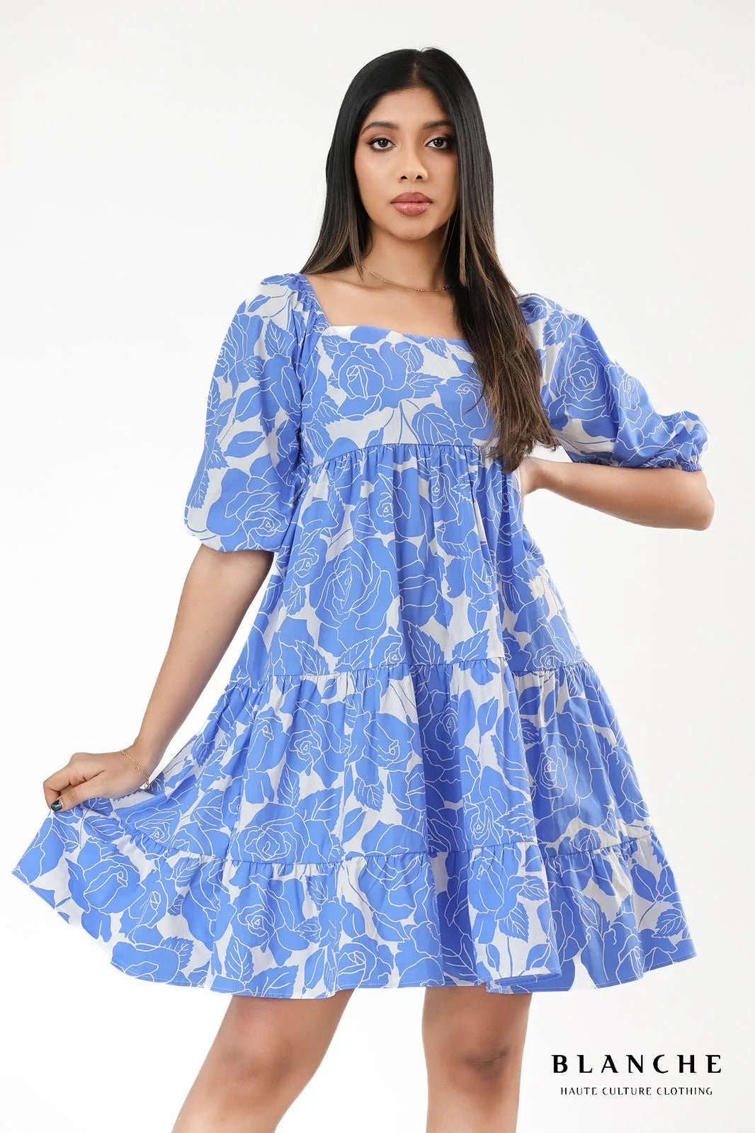 Blue Rose Tiered Puff Sleeve Dress