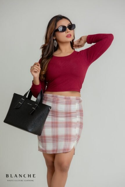 Plaid Check Thigh Slit Skirt and Long Sleeve Rib Top