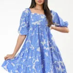 Blue Rose Tiered Puff Sleeve Dress