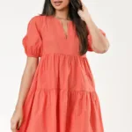 Coral Puff Sleeve Mini Dress