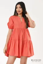 Coral Puff Sleeve Mini Dress