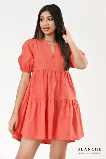 Coral Puff Sleeve Mini Dress