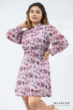 Classic High-Neck Pink Floral Dress