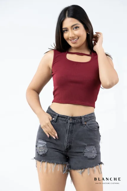 Burgundy Cut-Out Ribbed Top