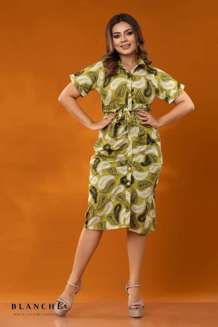 Boho Patchwork Shirt Dress - Light Green - Image 1