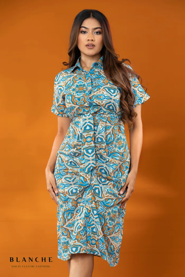 Boho Patchwork Shirt Dress - Sky Blue - Image 1