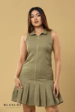 Olive Zip Pleat Mini Dress