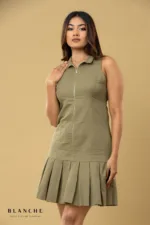 Olive Zip Pleat Mini Dress - Image 2