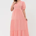 Chinese Collared V - Neck Maxi Dress - Pink