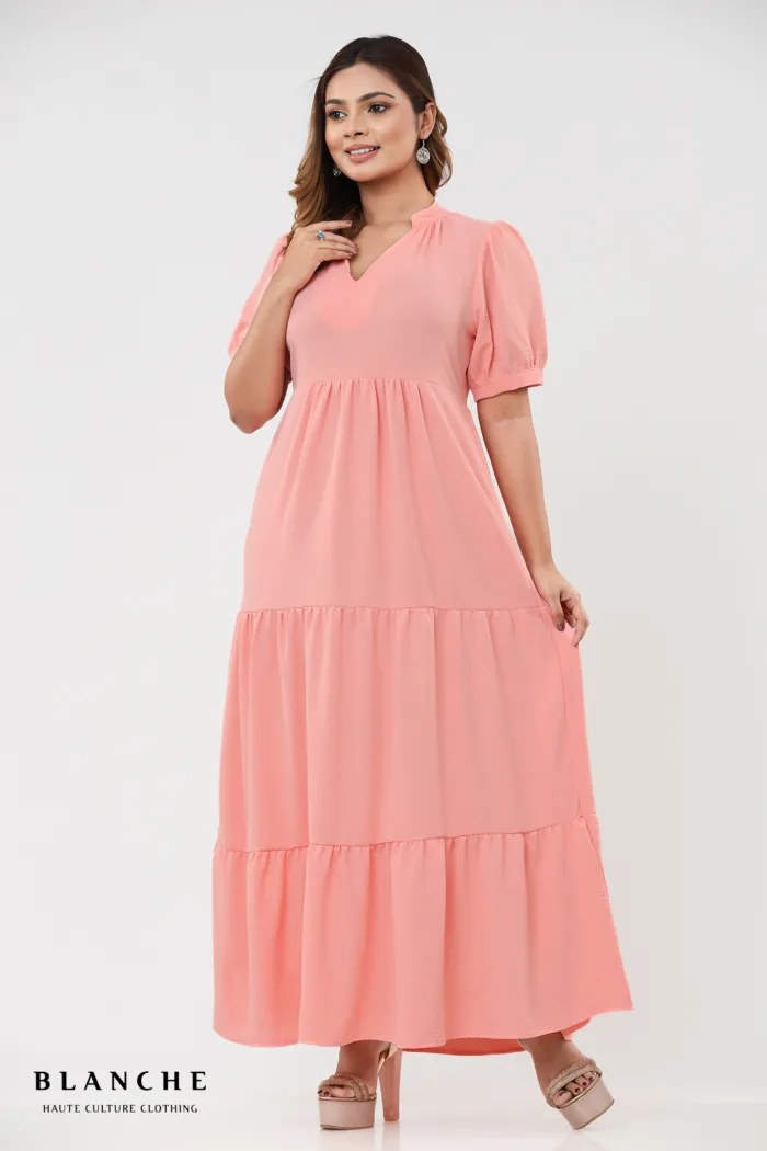 Chinese Collared V - Neck Maxi Dress - Pink - Image 1