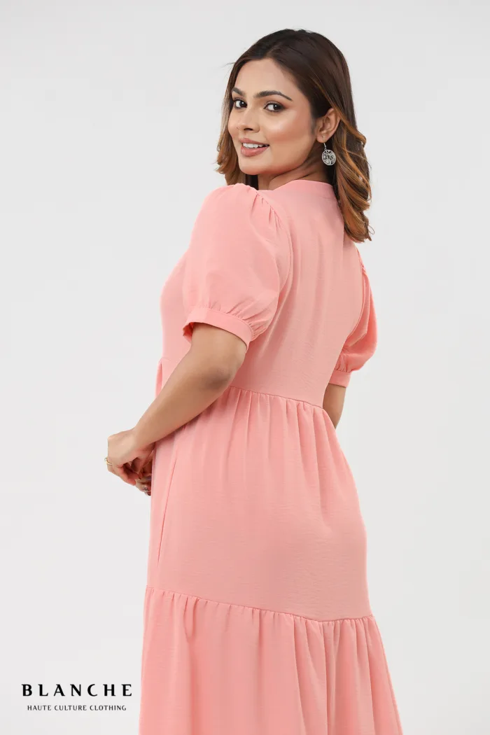 Chinese Collared V - Neck Maxi Dress - Pink - Image 2