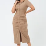 Sand Ruched Polo Dress - Brown