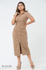 Sand Ruched Polo Dress - Brown