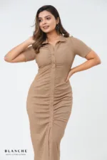 Sand Ruched Polo Dress - Brown - Image 2