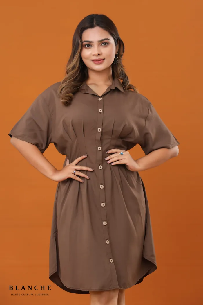 Pleated Shirt Dress - Brown - Image 1