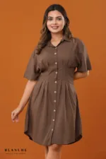Pleated Shirt Dress - Brown - Image 3