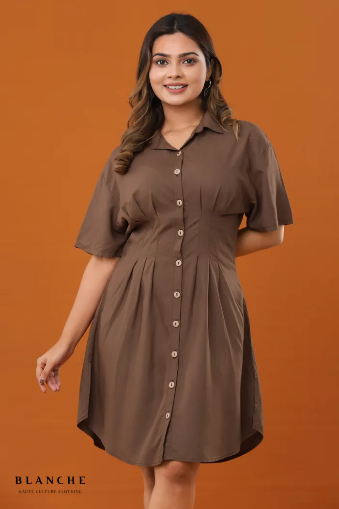 Pleated Shirt Dress - Brown - Image 3