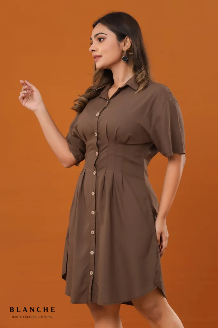 Pleated Shirt Dress - Brown - Image 2