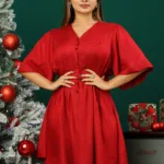 WRINKLE DRESS WITH PUFFY BELL SLEEVES - RED
