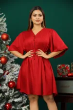 WRINKLE DRESS WITH PUFFY BELL SLEEVES - RED